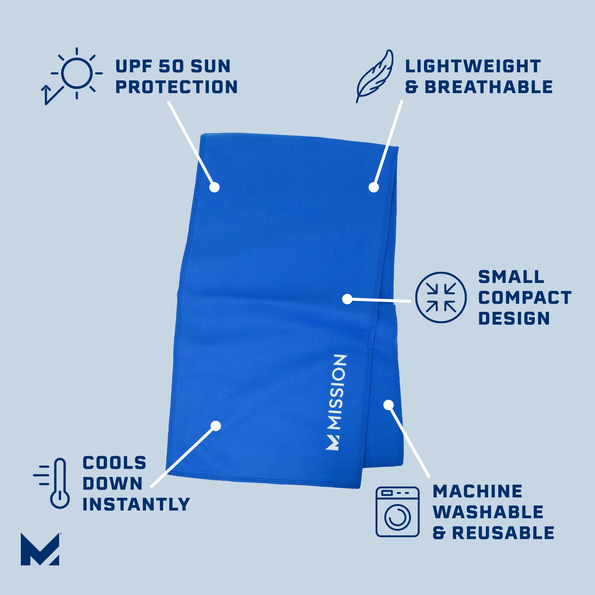MISSION On-The-Go Cooling Towel - Soft, Lightweight Fabric - Cools Up to 2 Hours - UPF 50 Sun Protection - Machine Washable (Navy)