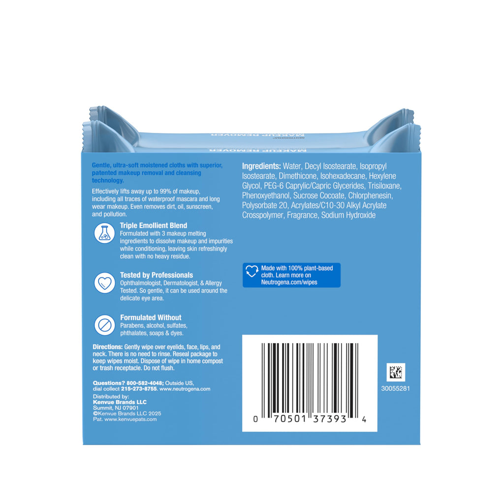Neutrogena Makeup Remover Micellar Wipes for Face Daily Gently Removes Oil Dirt and Waterproof Makeup in a Simple Fully Plant-Based Cloth, 2 pack of 25 ct