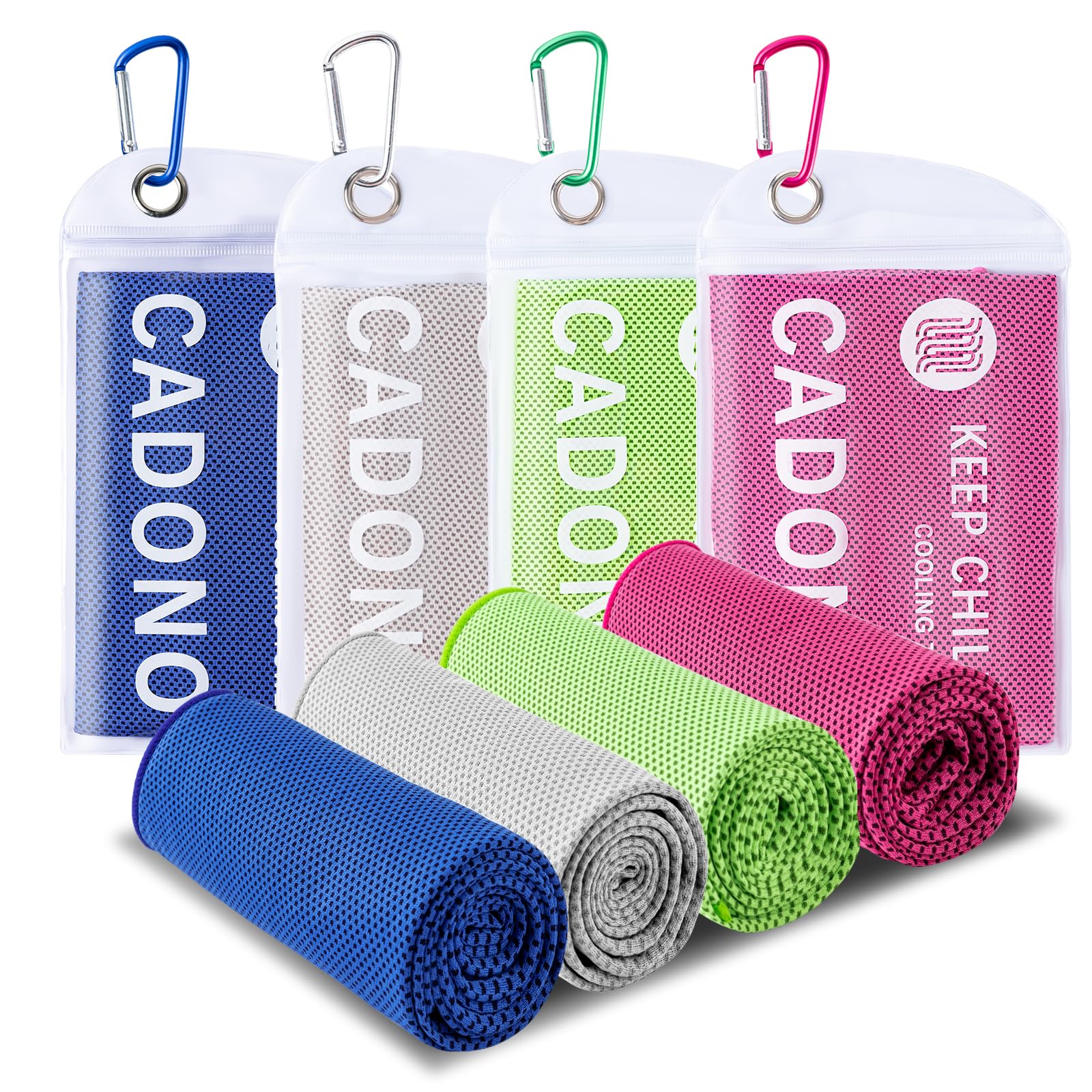 CADONO 4 Pack Cooling Towel (40"x12"), Soft Breathable Chilly Towel, Ice Towel, Microfiber Towel for Yoga, Sport, Running, Workout,Gym, Camping, Fitness, Workout & More Activities(Multicolor)