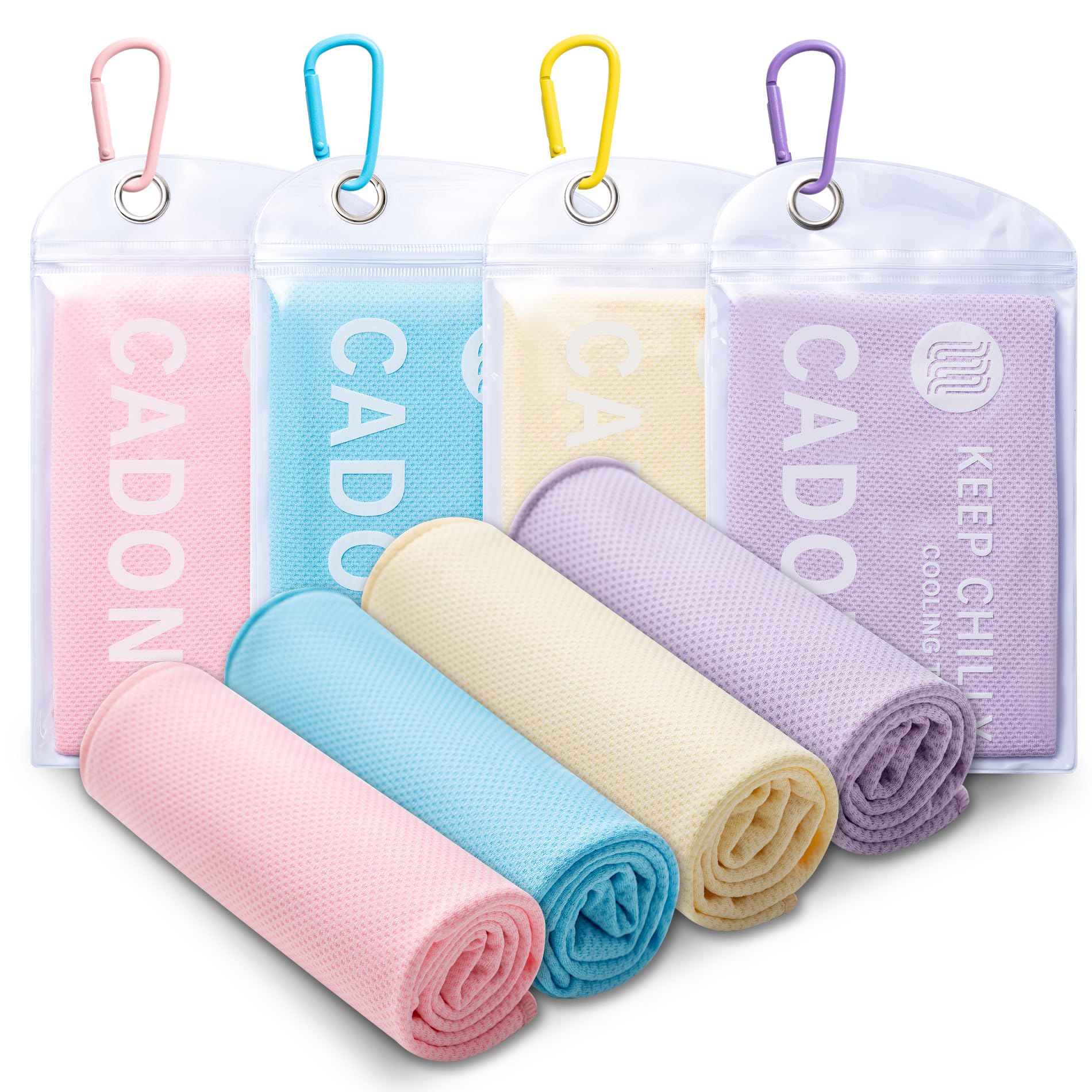 CADONO 4 Pack Cooling Towel (40"x12"), Soft Breathable Chilly Towel, Ice Towel, Microfiber Towel for Yoga, Sport, Running, Workout,Gym, Camping, Fitness, Workout & More Activities(Multicolor)