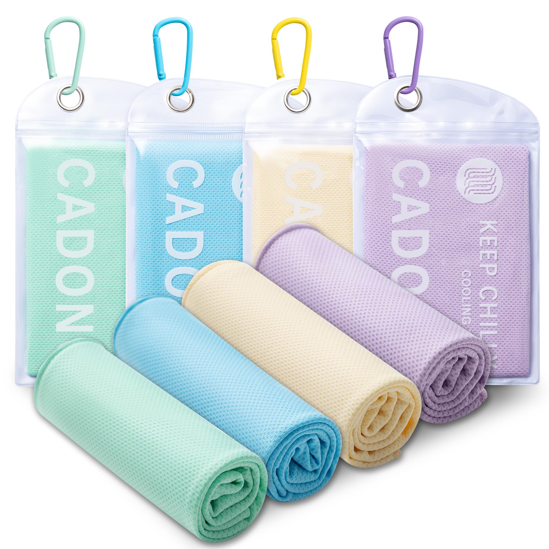 CADONO 4 Pack Cooling Towel (40"x12"), Soft Breathable Chilly Towel, Ice Towel, Microfiber Towel for Yoga, Sport, Running, Workout,Gym, Camping, Fitness, Workout & More Activities(Multicolor)