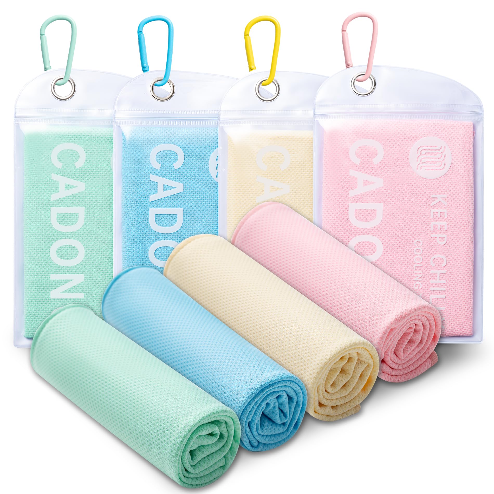 CADONO 4 Pack Cooling Towel (40"x12"), Soft Breathable Chilly Towel, Ice Towel, Microfiber Towel for Yoga, Sport, Running, Workout,Gym, Camping, Fitness, Workout & More Activities(Multicolor)