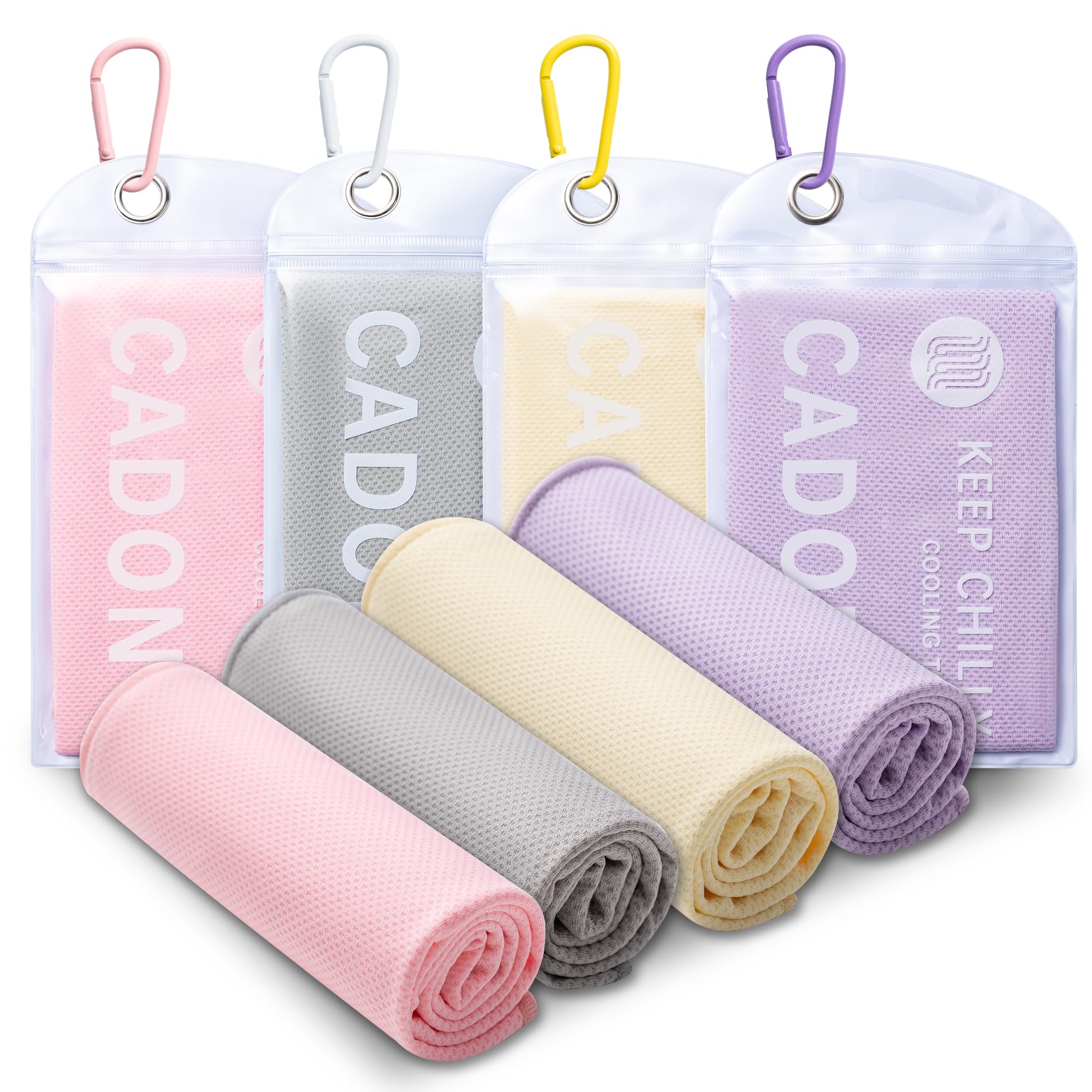 CADONO 4 Pack Cooling Towel (40"x12"), Soft Breathable Chilly Towel, Ice Towel, Microfiber Towel for Yoga, Sport, Running, Workout,Gym, Camping, Fitness, Workout & More Activities(Multicolor)