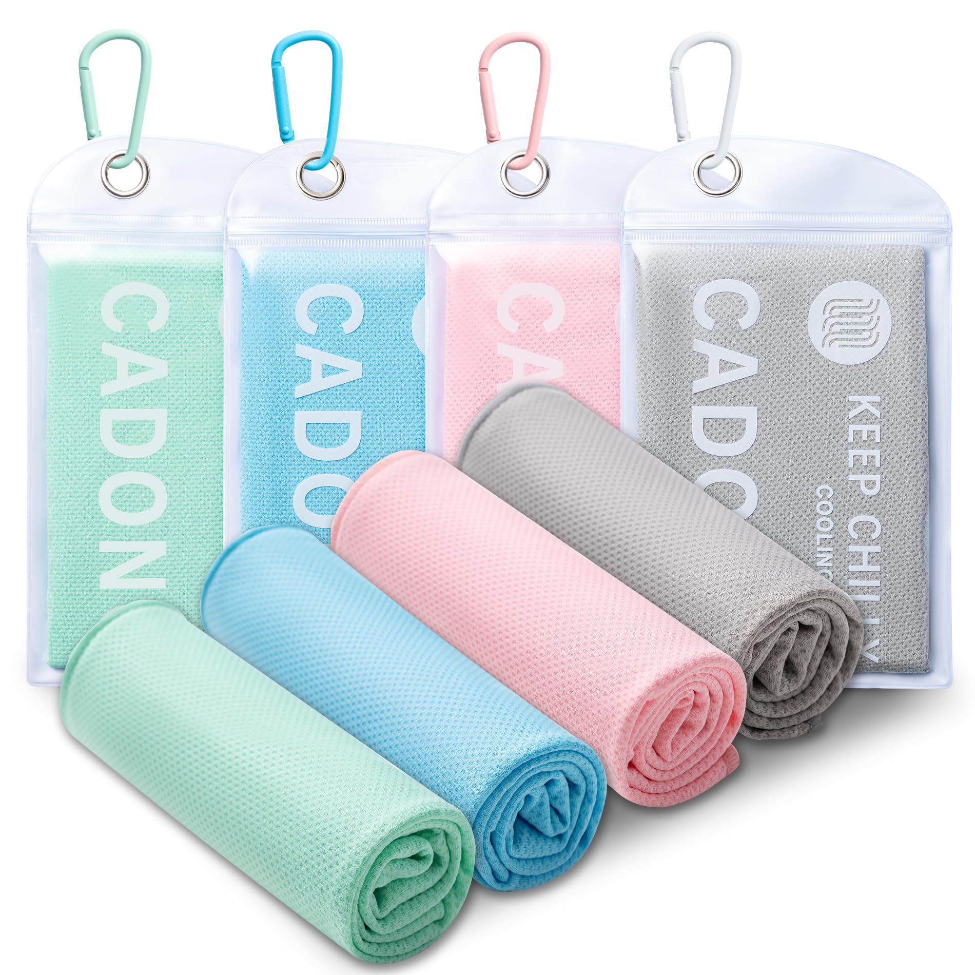 CADONO 4 Pack Cooling Towel (40"x12"), Soft Breathable Chilly Towel, Ice Towel, Microfiber Towel for Yoga, Sport, Running, Workout,Gym, Camping, Fitness, Workout & More Activities(Multicolor)
