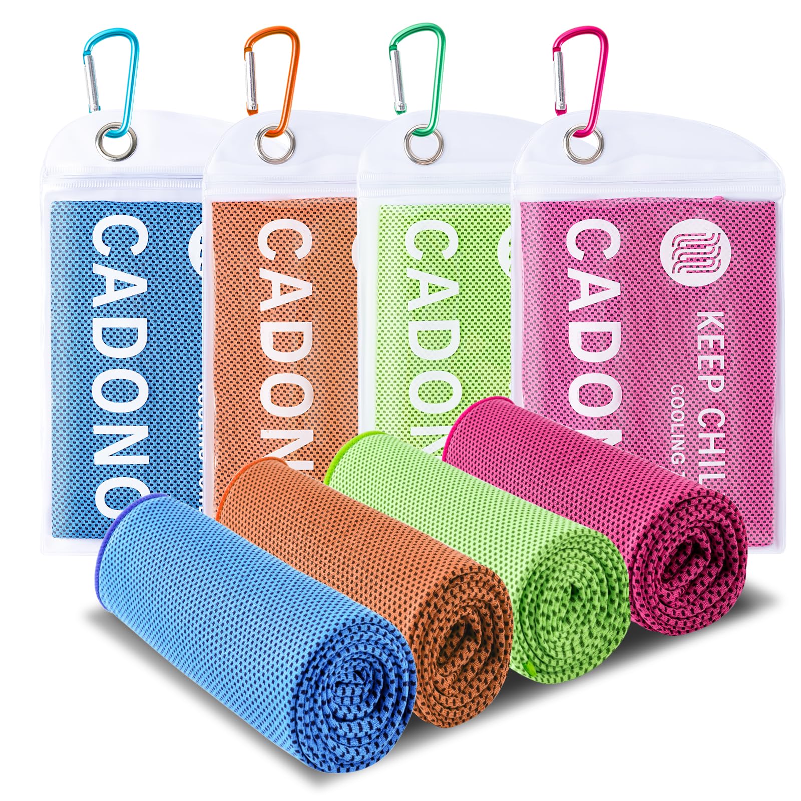 CADONO 4 Pack Cooling Towel (40"x12"), Soft Breathable Chilly Towel, Ice Towel, Microfiber Towel for Yoga, Sport, Running, Workout,Gym, Camping, Fitness, Workout & More Activities(Multicolor)