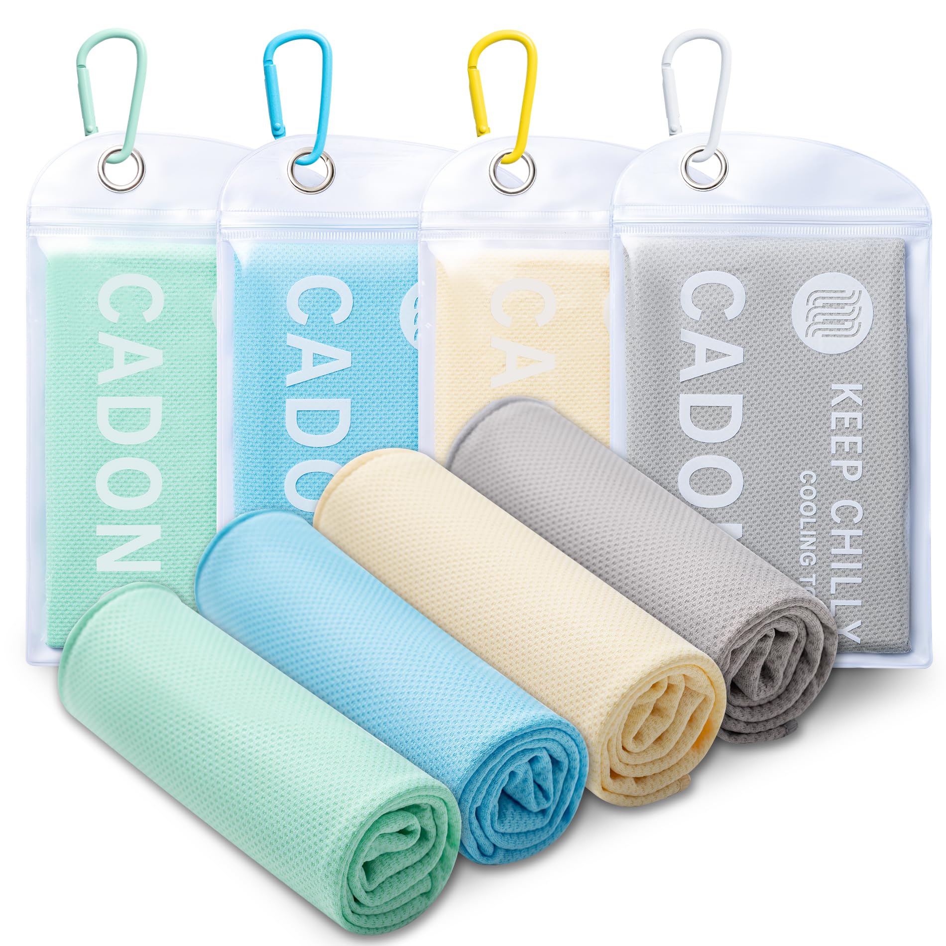 CADONO 4 Pack Cooling Towel (40"x12"), Soft Breathable Chilly Towel, Ice Towel, Microfiber Towel for Yoga, Sport, Running, Workout,Gym, Camping, Fitness, Workout & More Activities(Multicolor)
