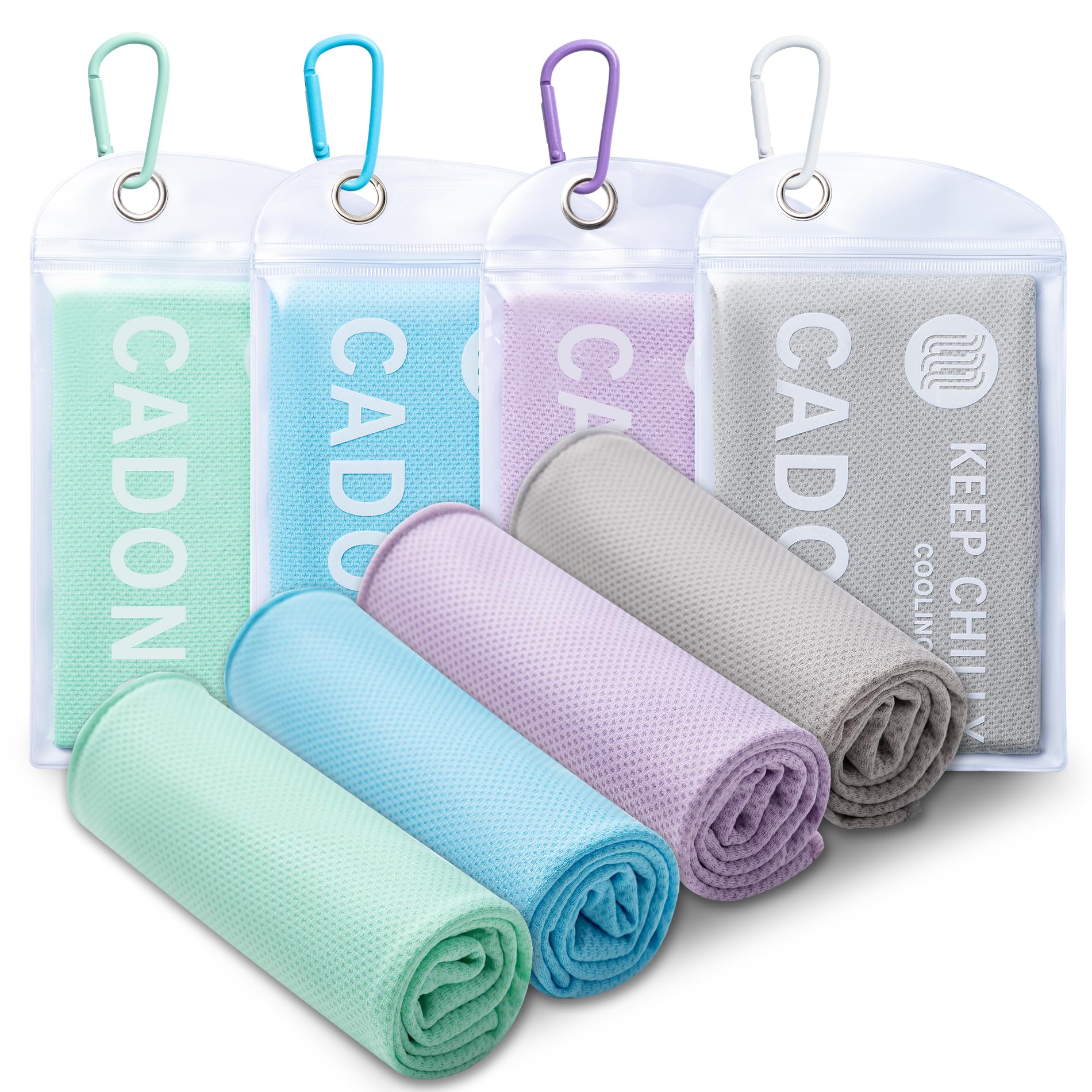 CADONO 4 Pack Cooling Towel (40"x12"), Soft Breathable Chilly Towel, Ice Towel, Microfiber Towel for Yoga, Sport, Running, Workout,Gym, Camping, Fitness, Workout & More Activities(Multicolor)
