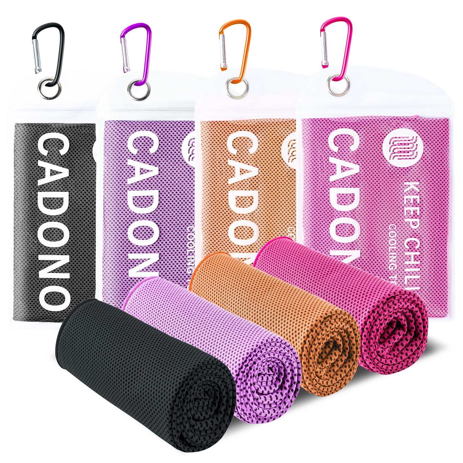 CADONO 4 Pack Cooling Towel (40"x12"), Soft Breathable Chilly Towel, Ice Towel, Microfiber Towel for Yoga, Sport, Running, Workout,Gym, Camping, Fitness, Workout & More Activities(Multicolor)