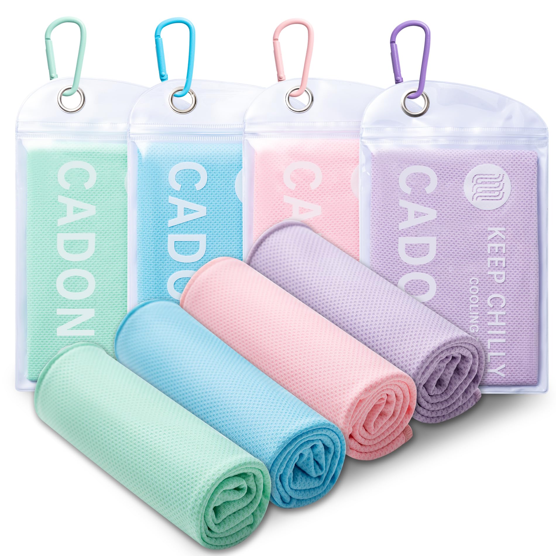 CADONO 4 Pack Cooling Towel (40"x12"), Soft Breathable Chilly Towel, Ice Towel, Microfiber Towel for Yoga, Sport, Running, Workout,Gym, Camping, Fitness, Workout & More Activities(Multicolor)